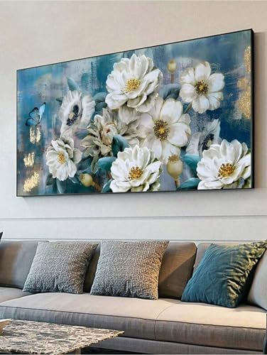 Tableau fleurs blanches et bleues pour décoration de salon contemporain