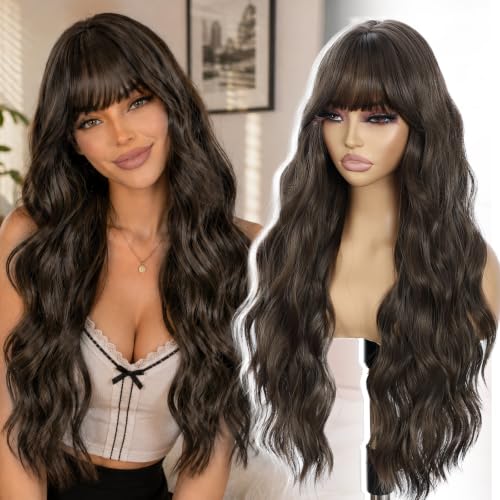Brown Body Wave Wig With Bangs Long Synthetic Wigs for Daily 26 Inch
