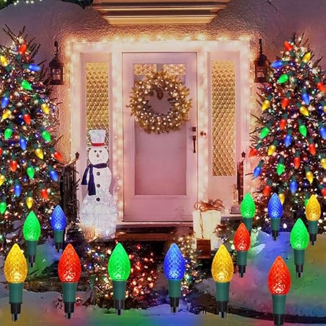 Newest Version 2 in 1 Outdoor Christmas Decorations and Solar Christmas Lights, 20-Pack Waterproof Solar C9 Strawberry Christmas Garden Stake Lights for Christmas Tree Garden Patio Yard Pathway