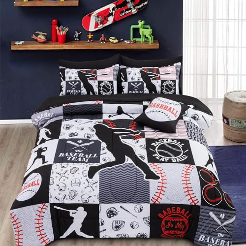 A Nice Night Sports Geometric Grid Black Patchwork Baseball Printed for Boys Twin 6Pcs Bed in A Bag Comforter Bedding Set Black