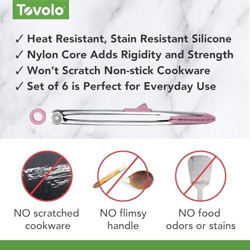Image of Tovolo Silicone Cooking Utensil Set of 6 Pink Sorbet Ladle Slotted Turner Tongs Flex Core Spatula Scraper Mixing Spoon and Potato Masher, Dishwasher Safe BPA Free Silicone Kitchen Utensils