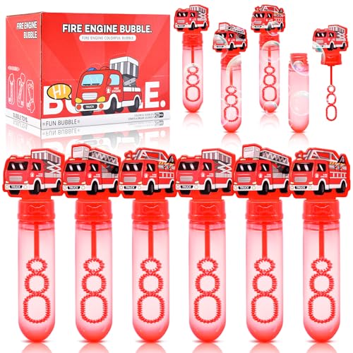 24 Pack Fire Truck Bubble Wands for Kids - Large Cartoon Fire Engine Bubbles Bulk with Refill Solution Toys for Firefighter Themed Party Favors, Goodie Bag Stuffers, Carnival, Boys Birthday Gifts