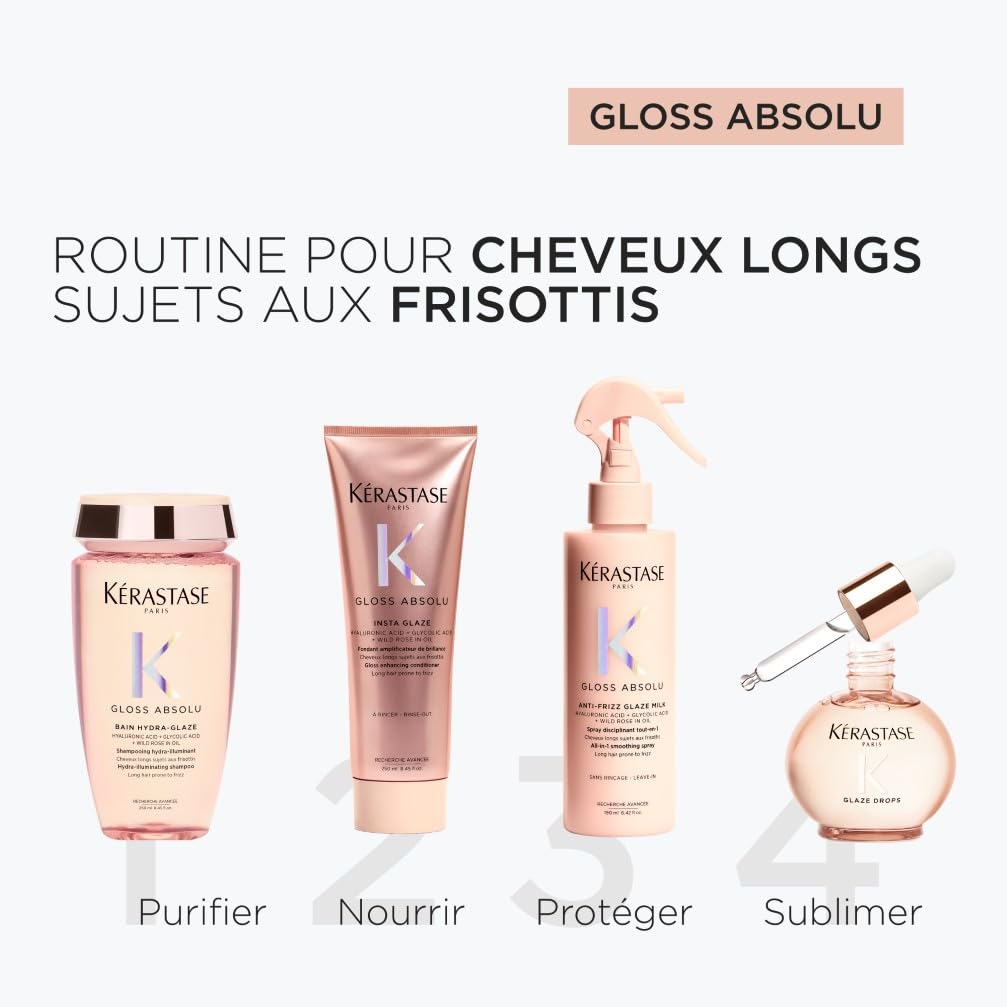 KÉRASTASE Gloss Absolu - Anti-Frizz Glaze Milk - Spray Disciplinant tout-en-1 - Acide Hyaluronique, Acide Glycolique et Rose Sauvage - Cheveux Longs et Sujets aux Frisottis