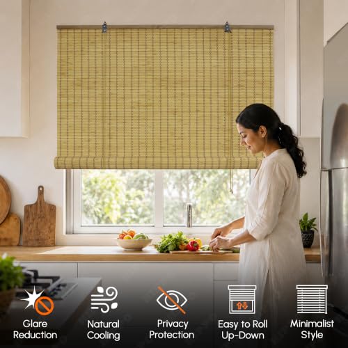 Image of HIPPO Bamboo Curtains - W-4FTXH-7FT Rope Mechanism Roll Up Down Indoor Bamboo Shade for Sun & Dust Protection for Home Window, Balcony, Restaurant, Hotel, Resort (Natural-TAN)