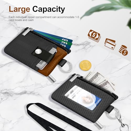 Image of Minimalist RFID Blocking Small Wallet with ID Window,WaterResistant Zip Id Case Wallet with Lanyard Keychain for Cards,Cash,Travel,Women,Men(Drak Grey /Brown)
