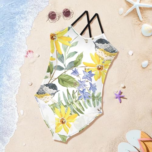Girls One Piece Swimsuits Chickadee Birds Yellow Daisy Flowers Sport Halter Swimwear Beach Bathing Suit, 3T4