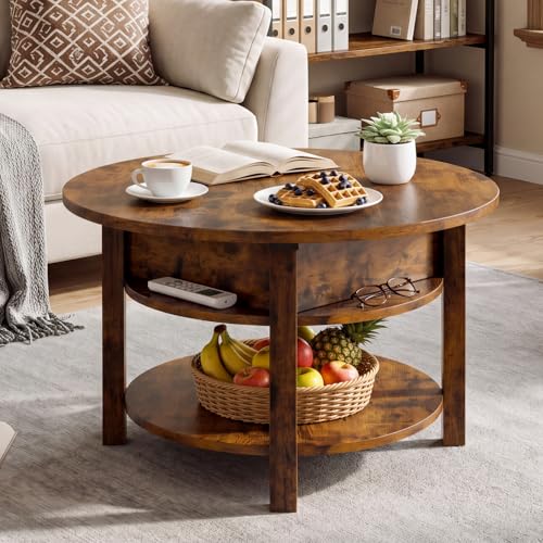 ELUCHANG Table Basse avec Rangement Caché RondeTable Basse Plateau Relevable 2 en 1 pour Salon et Bureau, Forte Charge Portante, 80x80cm, Marron Rustique