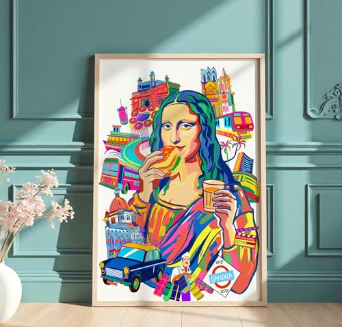 Image of The Blot Studio Monalisa in mumbai gateway of india colaba Pop Art Vada Pav Art Print, Cutting Chai Wall Art, Indian Street Culture Poster, Quirky Desi Pop Art Decor 12 inches x 19 inches