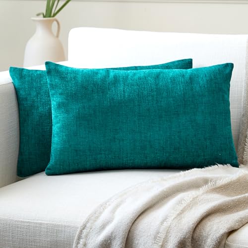 Image of Encasa XO Chenille Cushion Covers, No Inserts, Pack of 2 Azul Blue, 12 inchx20 inch | 12 inchx20 inch | 30x50 cm | Machine Washable | Hidden Zipper | Living Room & Bedroom Accent | Set of 2 | Pillow Cover