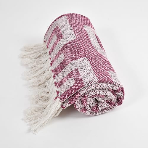 Image of Geometric Cotton Handloom Throw Blanket for Sofa & Bed | Soft Lightweight Reversible Decorative Throw with Tassels | All-Season Couch Throw (125x150 cm)