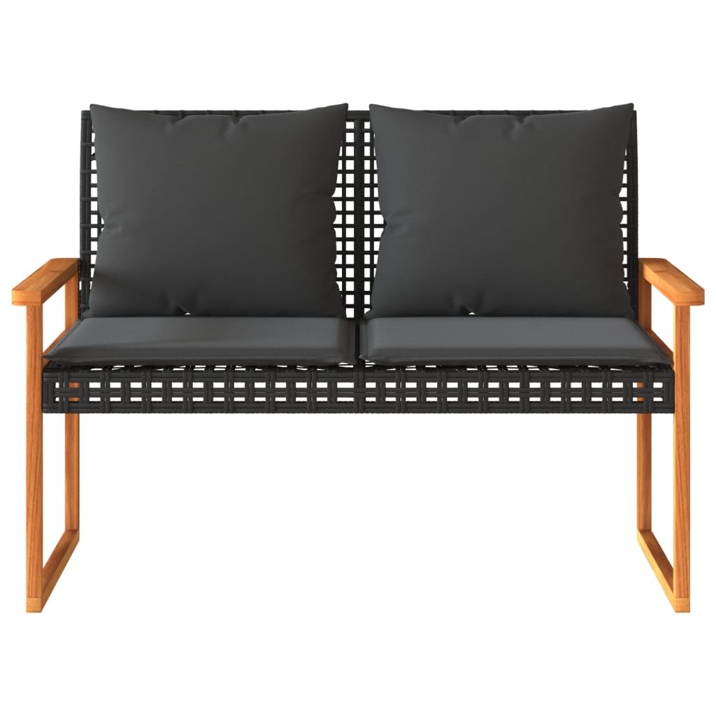 Banco de jardín con cojín de polirratán negro de madera de acacia, juego de 2 asientos para exteriores con fundas extraíbles, cómodo acolchado para terraza y balcón, marco de acero duradero