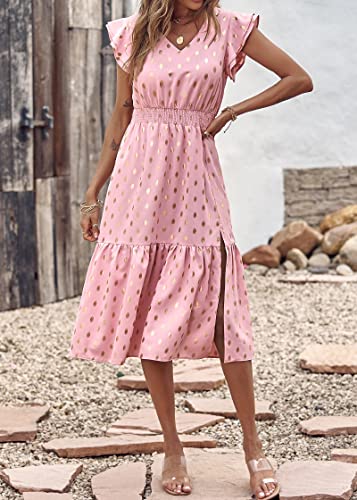 Kirundo Women Summer Polka Dot Ruffle Sleeveless V Neck Flowy Midi Dress Elegant Split A Line Beach Party Cocktail Dresses(Dot-Pink, Large) #TOP4