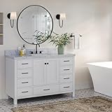 ARIEL Cambridge 54-inch Bathroom Vanity with Sink,Solid Wood, 1.5-inch Italian Carrara Marble Countertop, Single Rectangular Porcelain Sink, 2 Soft Closing Doors, 9 Dovetail Drawers, White