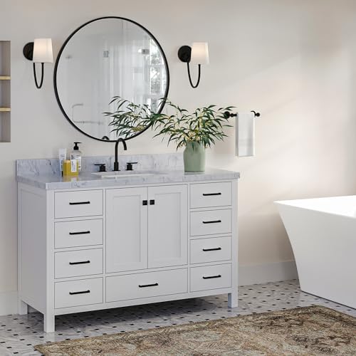 ARIEL Cambridge 54-inch Bathroom Vanity with Sink,Solid Wood, 1.5-inch Italian Carrara Marble Countertop, Single Rectangular Porcelain Sink, 2 Soft Closing Doors, 9 Dovetail Drawers, White