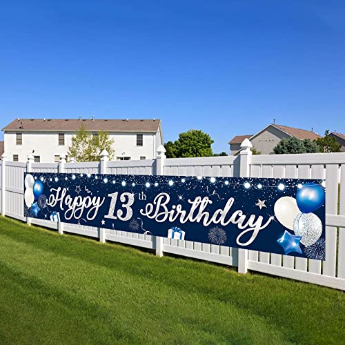 Happy Birthday Yard Banner, Blue Silver Happy 13th Birthday Banners Boys, 210*40cm Thirteen Years Old Birthday Party Yard Sign Banner, Thirteenth Anniversary Backdrop Background Decorations for Kids