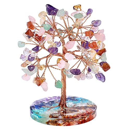 Nupuyai 7 Chakra Crystal Money Tree with 7 Chakra Base, Energy Healing Good Luck Tree Figurines Fengshui Crystals Ornament for Home Office Decor