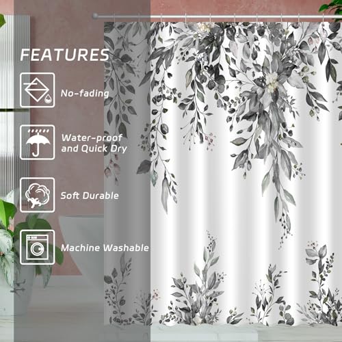 Image of Eucalyptus Shower Curtain, Abstract Aesthetic Art Watercolor Plant Leaves with Floral Bathroom Decor, Waterproof Fabric Cloth Bath Curtain Set with Hooks (Dark Gray, 72x72 Inches)