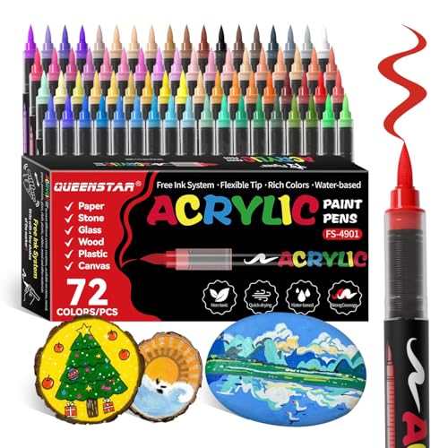 Image of Acrylic Paint Markers Brush Tip, Vivid Colors with Direct-Liquid Ink System, Professional-Grade Paint Pen for Rock Painting, Canvas, Glass, Plastic, Fabric & Creative Crafts (72 Pieces)