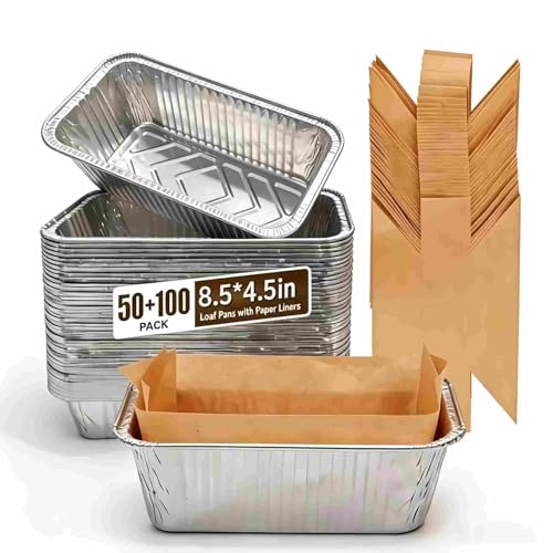 nlymobear 50 Pack Disposable Loaf Pans With 100-Piece Parchment Paper Sheets 2 Lb Heavy Duty Aluminum Foil Bread Tins Disposable Baking Pans for Baking Bread Heating Storing Food (8.5 x 4.5 In)
