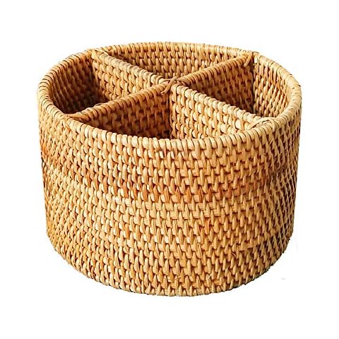 Handweaved Rattan 4 Compartments Storage Box Cosmetics Organizer Utensil and Bottle Serving Basket (200mm 4-Compartment Round Box) Cover