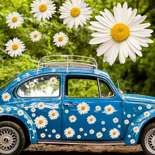 Image of Fuutreo 12 Sheets Daisy Stickers 130 Pcs Flower Car Decals Self Adhesive Vinyl Retro Flower Car Sticker for Bumper Mirror Window Clings Laptop Wall Decoration