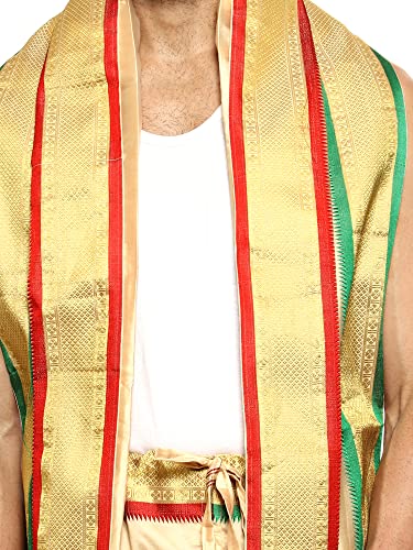Image of Rameshwaram Fabrics Readymade Dhoti for Men, Velcro Style Stitched Mens Silk Dhoti Pant with Stole Set