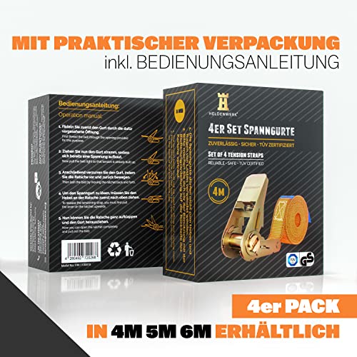 HELDENWERK 4 Stück Spanngurte mit Ratsche in 4m, 5m oder 6m Ratschengurte TÜV/GS Zertifiziert mit Doppelnaht I Zurrgurte wetterfest & robust (4m)