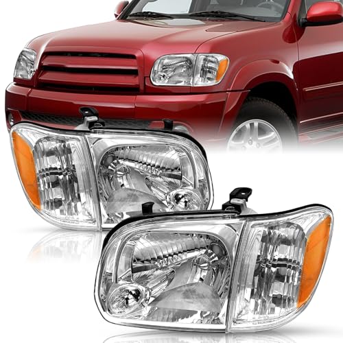 TUSDAR Headlights Assembly Fit for 2005 2006 Toyota Tundra / 2005 2006 2007 Sequoia Double Crew Cab 4-Door(Chrome)