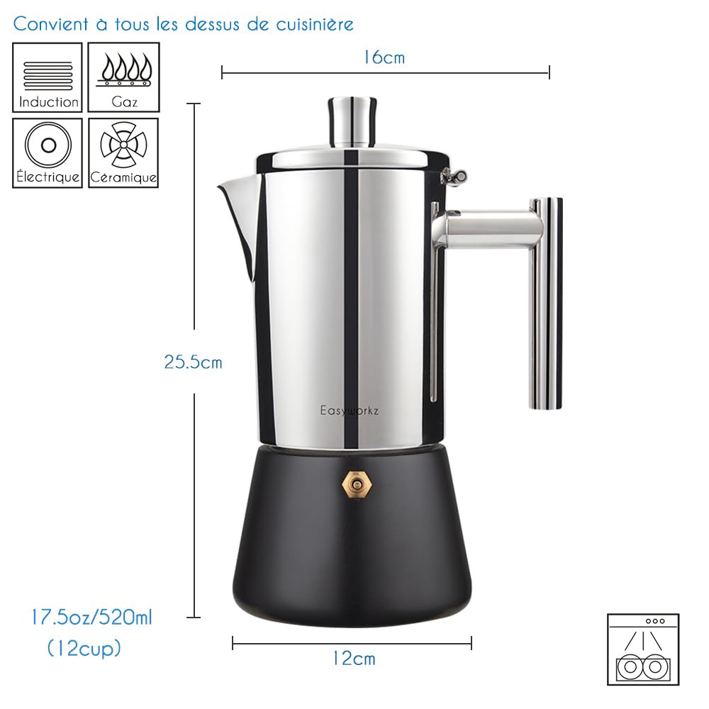 Easyworkz Diego Cafetière italienne en acier inoxydable pour 10-12 tasses 520 ml Pour induction à gaz et tous les types de cuisinières,Noir