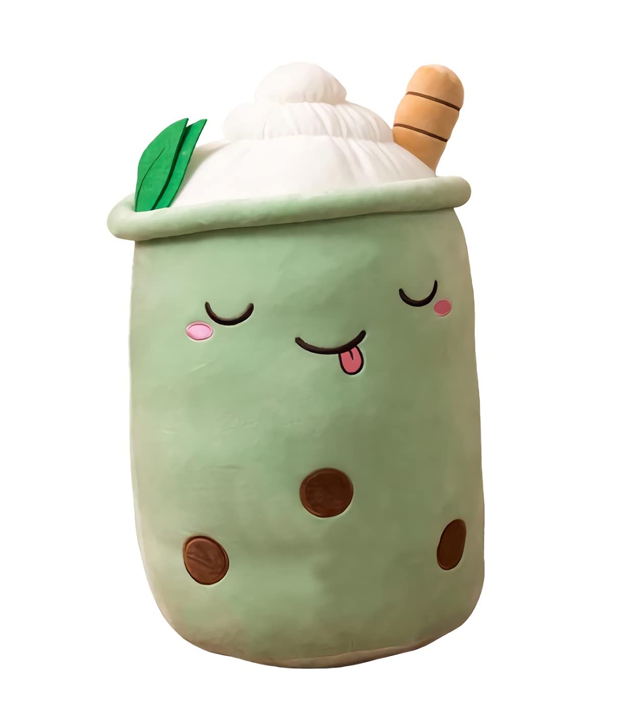 VICKYPOPBoba Plush Toy Cute Stuffed Bubble Tea Food Shaped Throw Pillow Cushion Cartoon Fruit Milk Tea Gift for Kids (Green Closed, 9.4 inches)
