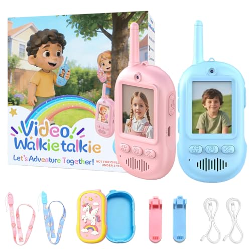 ELEDUTOY 2PCS Video Walkie Talkies for Kids Camping Toys Spy Gear Outdoor Games for Family Hide and Seek Spy Role Play ABS Rechargeable Long-Range HD Camera Voice Changer Toy - Blue/Pink 136x56x26mm