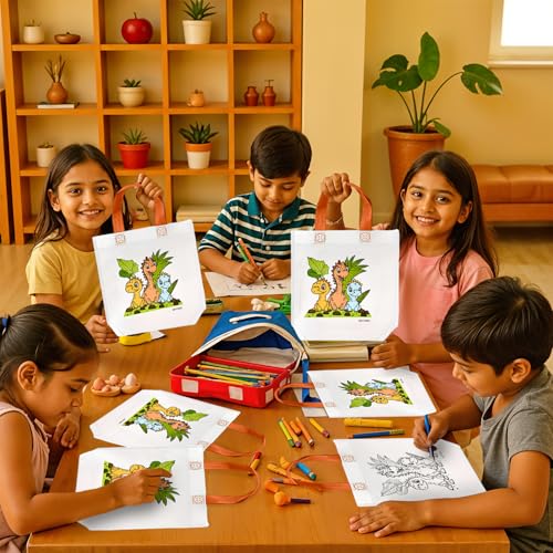 Image of Party Propz Dinosaur Theme DIY Return Gift Bags for Kids Birthday - 10 Pcs, Diy Canvas Colouring Bags, Paper bags for gifting, Gift bags small size, Return gifts for birthday, Gift bag for kids