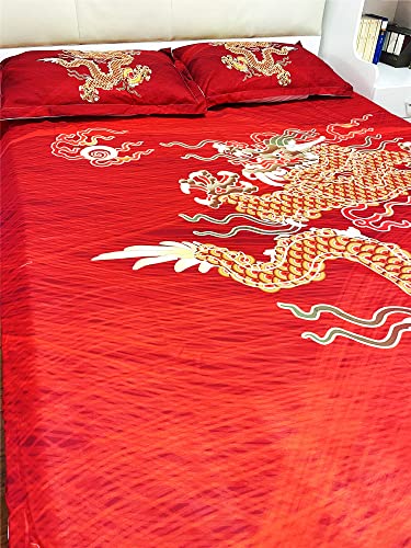 Topbdhomes 3 Pieces Oriental Chinese Traditional Dragon Duvet Cover Set King Size Red Color Bedding Sheets Kids Adult Bed Linen Zipper, Not Comforter Set (Bd245, King 3Pcs) #TOP5