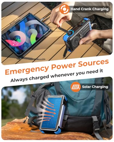 Image of BLAVOR Solar Power Bank with Hand Crank and 4 Cables, 20000mAh Wireless Portable Charger with USB C & Camping Light, 20W Fast Charging Battery Pack for iPhone, iPad, Samsung, All Mobile Phones