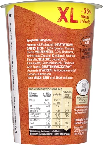 MAGGI 5 Minuten Terrine XL Spaghetti Bolognese, leckeres Fertiggericht, Instant Nudeln, mit Hackfleisch, 8er Pack (8 x 81g)