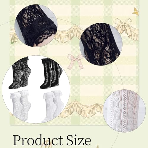 Image of Women Lace Ruffle Socks White Black Frilly Lolita Crew Dress Socks | Womens Ankle Lacy Ruffled Socks Adult Cute Soft Cotton Thin Sexy Mesh Lace Trim 80s Casual Church Socks for Ladies Big Girls