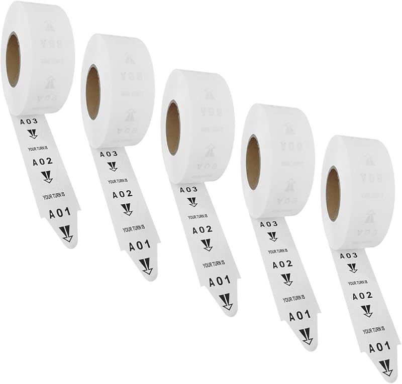 Take-a-Number Tickets for Waiting Line - 5 Rolls, A00-E99, 3000 Tickets/Roll - Take a Turn Tickets for Pickup Counter, Government Office, Reception Desk, Auto Repair Shop