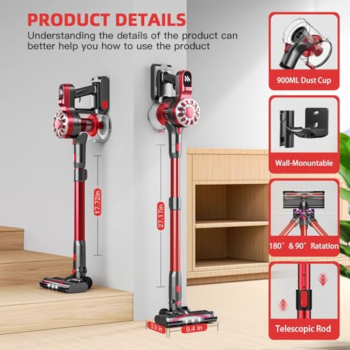 Vacuum Cleaners for Home,Cordless Vacuum Cleaner with Powerful Suction,Cordless Stick Vacuum Cleaner Rechargeable Vacuum Up to 35 Mins Runtime,Lightweight Hardwood Floor Vacuum(Red)