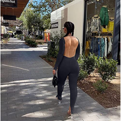 Bodycon Jumpsuits for Women Sexy Backless Rompers Long Sleeve Scoop Neck Stacked Split High Wasited One Piece Outfits Pants Catsuits Black S by Hafailia - Used condition - Image 6