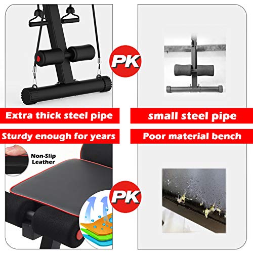 MCNBLK Adjustable Weight Bench 400lbs Capacity, Incline Decline Weight Lifting Workout Bench Home Gym, Multi-Position Utility Bench for Full Body Workout, Folding Dumbbells Bench with Elastic Ropes