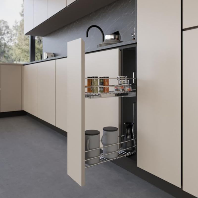 Rangement coulissant étroit pour meuble bas - 2 niveaux - Sens : Gauche - Décor : Chromé - Matériau : Acier - Hauteur : 520 mm - Pour caisson de largeur : 150 mm - Charge : 25 kg - Sortie : Totale - A