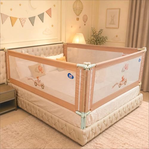 Image of Kids Station 3 Side Premium Bed Rail Guard (6.6ftx6ftx6.6ft / 200cmx180cmx200cm), Bed Railing for Baby Safety, Kids Toddler Bed Protector Side Walls, Adjustable Height, Portable & Foldable (Beige)