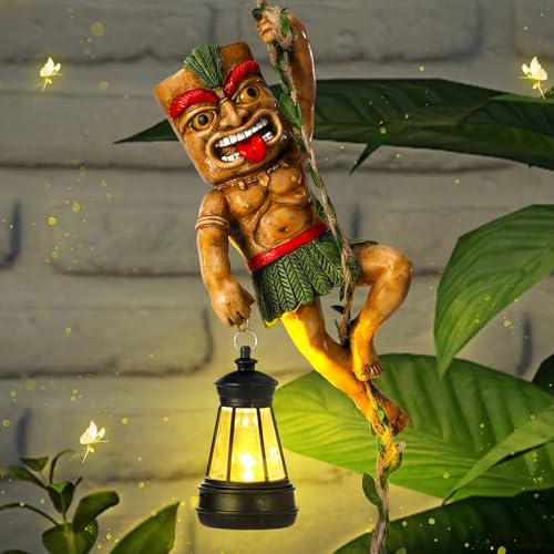 Kathfly Solar Light Outdoor Tiki Statues Resin Tiki Man Climbing on Vine with LED Lantern Waterproof Lamp Hanging Figurine with Hook for Hawaiian Gift Bar Decor Porch Patio Summer Yard Lawn Figurine