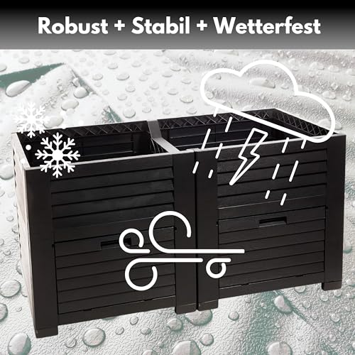 Foto von Hochbeet Garten XL, Hochbeet Kunststoff in Holzoptik, mit Zwei Staufächern, 150x76x78 cm, ca. 400 Liter, Farbe: anthrazit