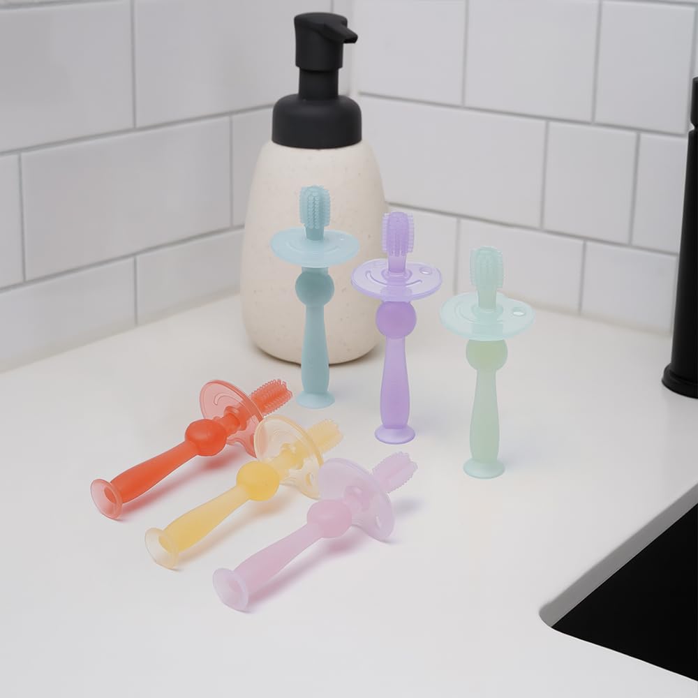 haakaa Spazzolino da denti in silicone a 360°, 100% morbido silicone per uso alimentare, senza BPA, base a ventosa, sicuro per bambini dai 6 mesi in su, pulizia delicata di gengive e denti per neonati