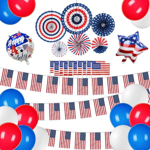 4th July Party Decorations Patriotic American Flag Bunting USA Balloons Pom Pom Fans Independence Day DecorationsAmerican Hand Flags on Stick for Fourth of July Decorations