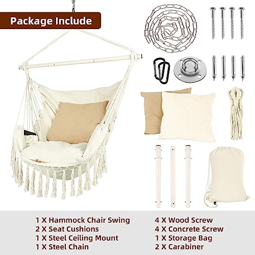 Ciouper Hammock Chair Hanging Rope Swing with Stylish Tassels - Max 500 Lbs - 2 Cushions Included - Heavy-Duty Steel Spreader Bar with Anti-Slip Rings - for Any Indoor or Outdoor Spaces (Beige) - Thumbnail 6