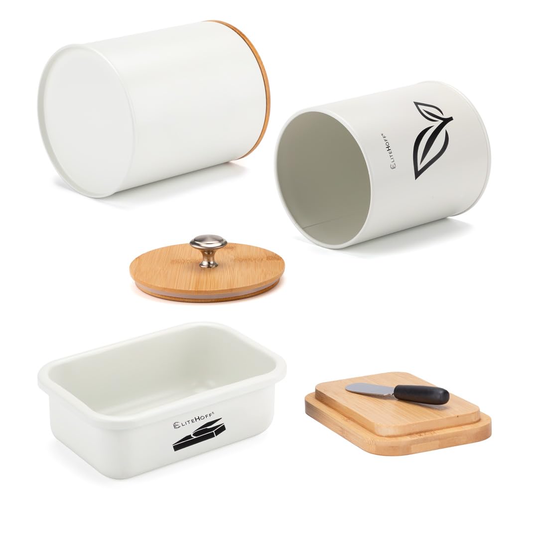 EliteHoff Brotkasten mit Schneidebrett + Vorratsdosen 4er Set (Kaffeedose Teedose Zuckerdose Salzdose) und Butterdose mit Messer - Brotbox aus Metall mit Bambusdeckel, 34x18x16 cm (Beige)