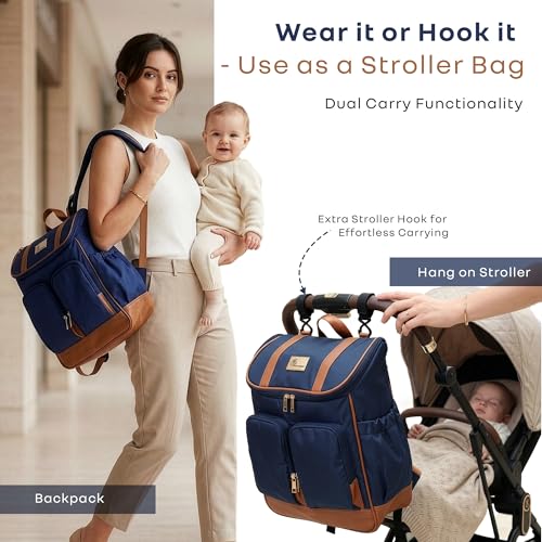 Image of R for Rabbit Caramello Bold Hazel Diaper Bag for Moms, Premium Vegan Leather Baby Travel Bag with Insulated Bottle Pockets, 10 Multi-Purpose Pockets Maternity Backpack, 37 Litre Capacity (Blue Brown)