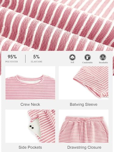 Image of Tankaneo Womens Pajama Sets Striped 2 Piece Lounge Sets Short Sleeve Oversized T Shirts Drawstring Shorts Matching Set